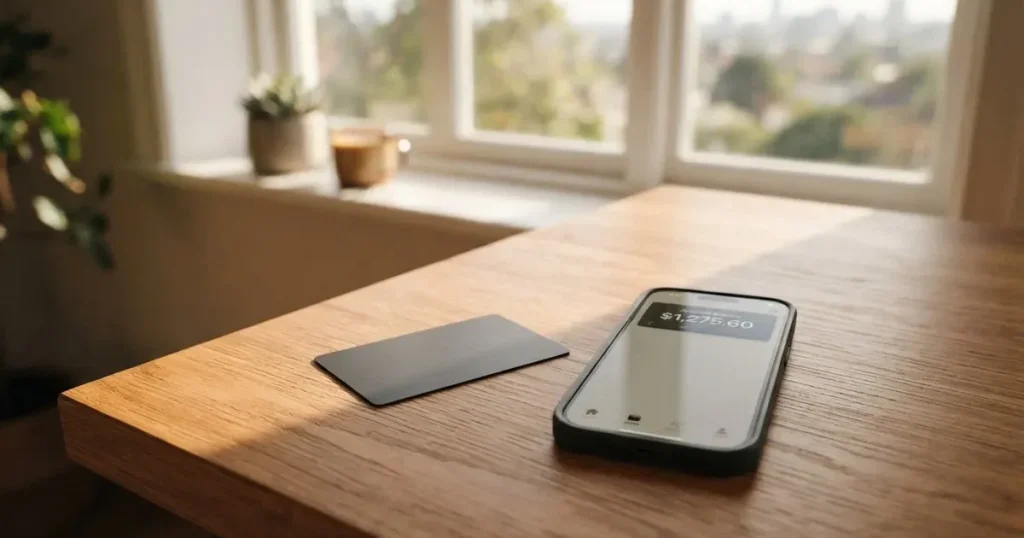 A payment card next to a phone with a crypto wallet app open