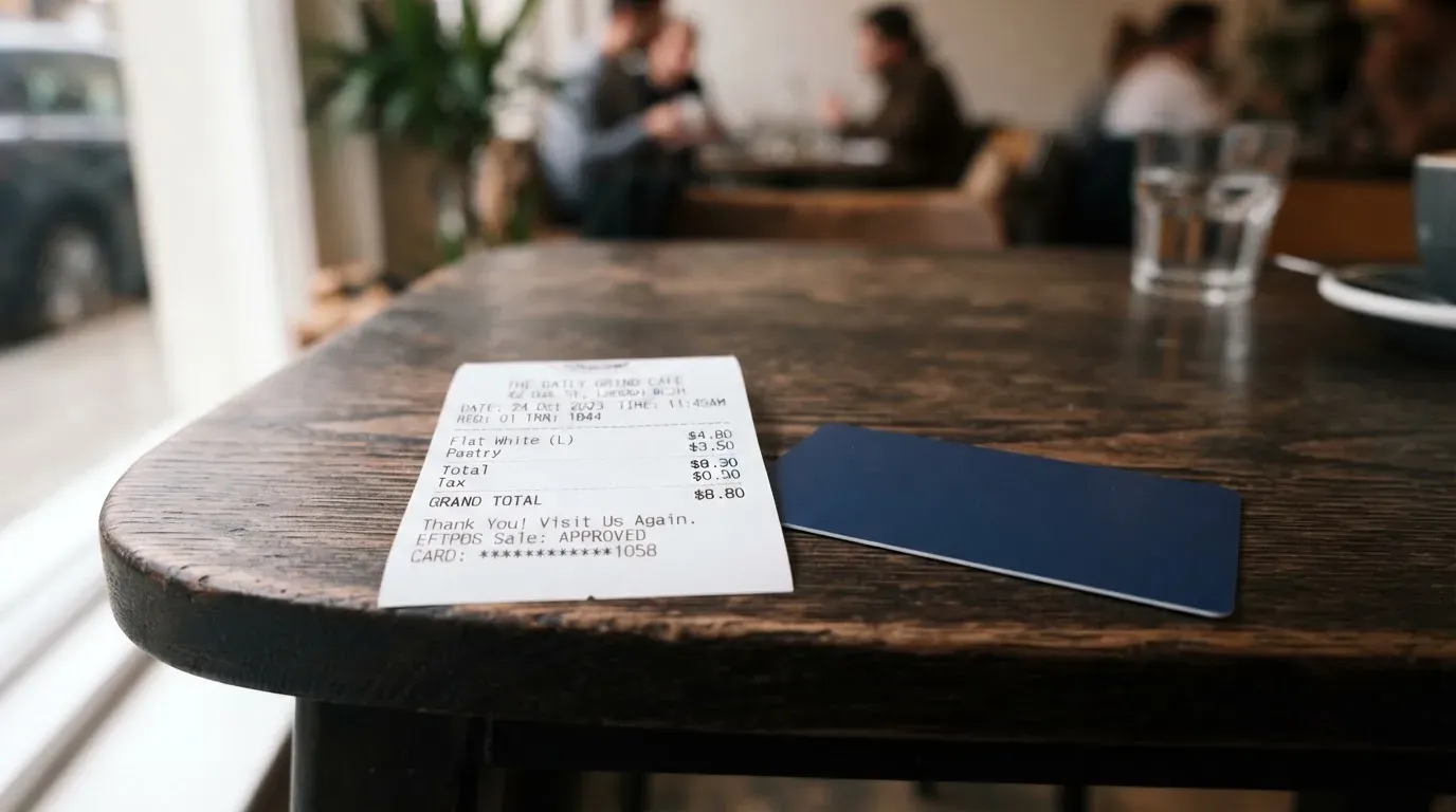 A receipt and a card on a café table