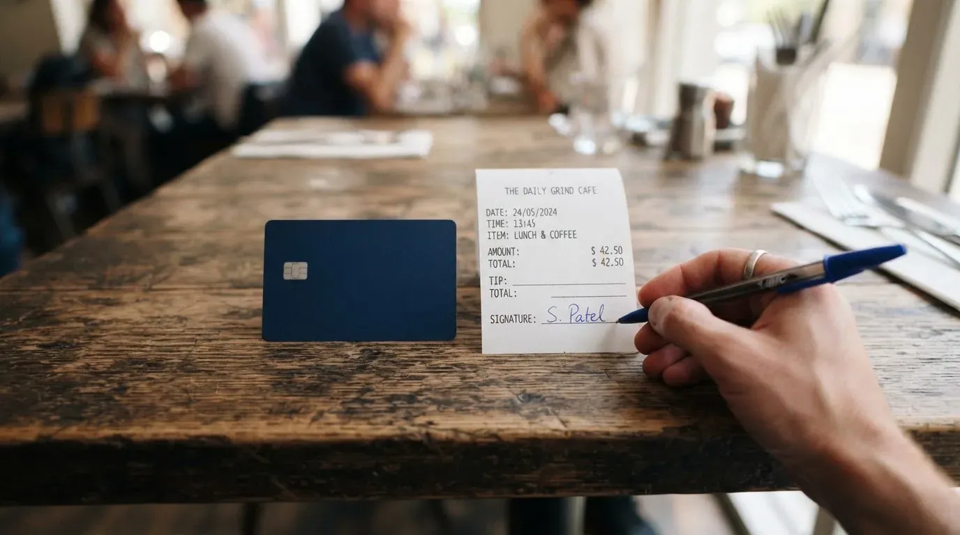 A receipt and a card on a café table