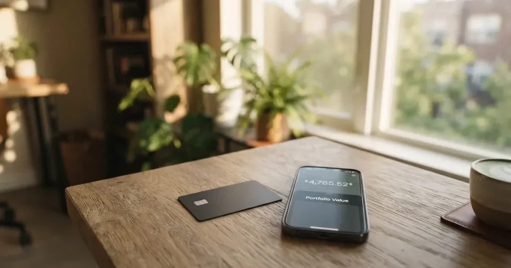 A payment card next to a phone with a crypto wallet app open