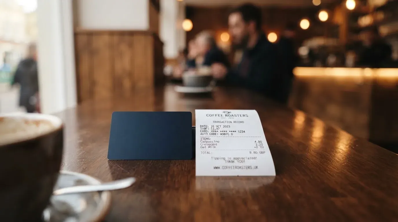 A receipt and a card on a café table