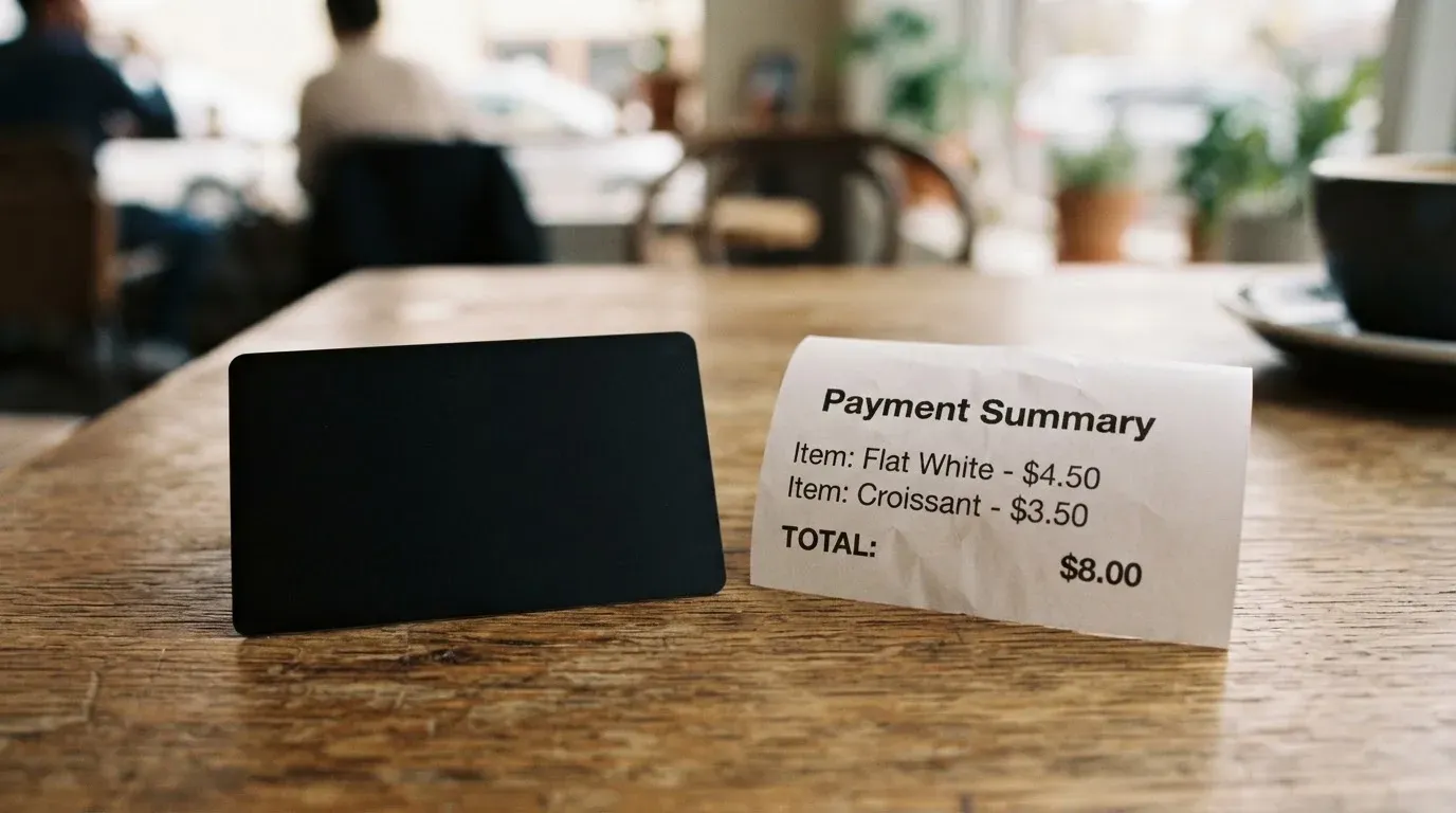 A receipt and a card on a café table