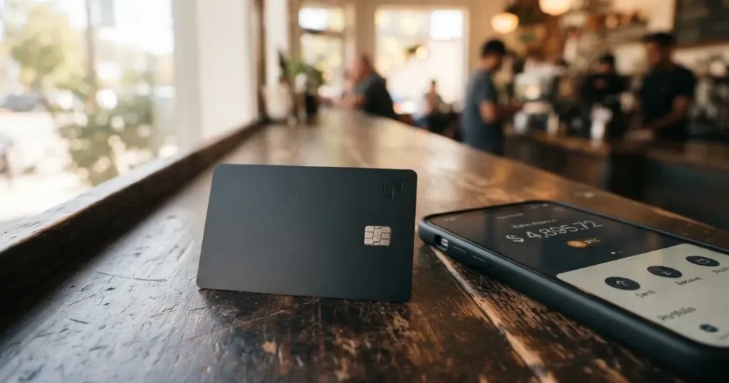 A payment card next to a phone with a crypto wallet app open