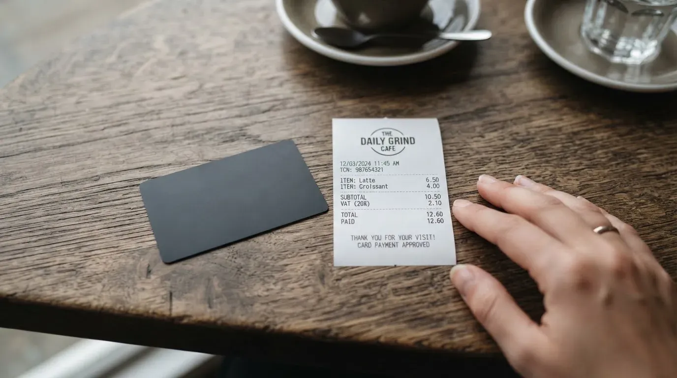 A receipt and a card on a café table
