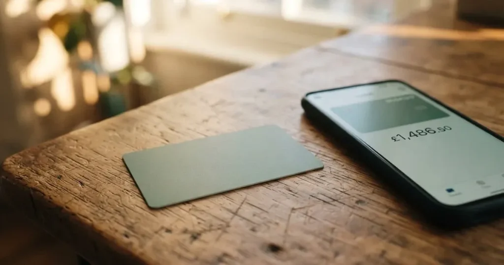 A payment card next to a phone with a crypto wallet app open