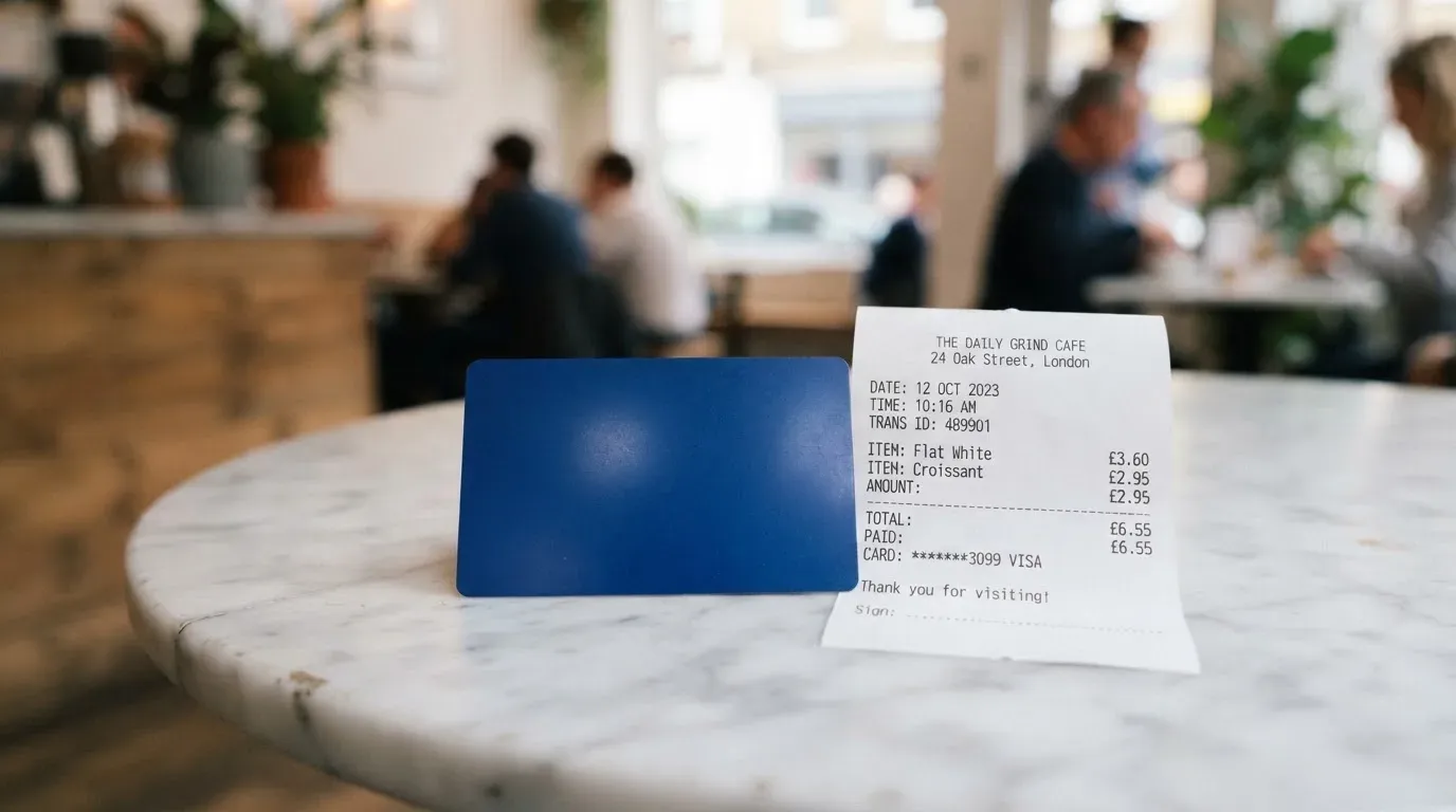 A receipt and a card on a café table