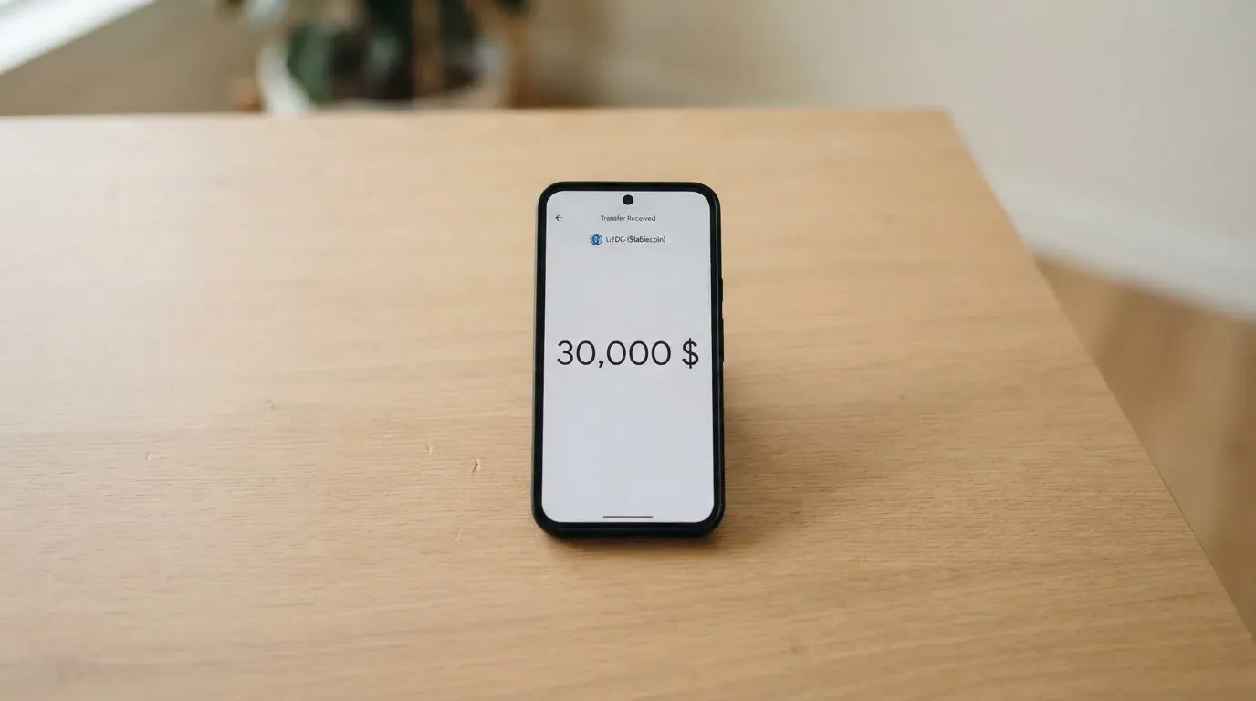 A phone showing a stablecoin transfer screen
