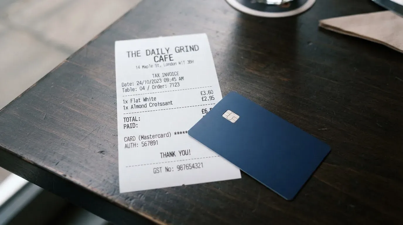 A receipt and a card on a café table