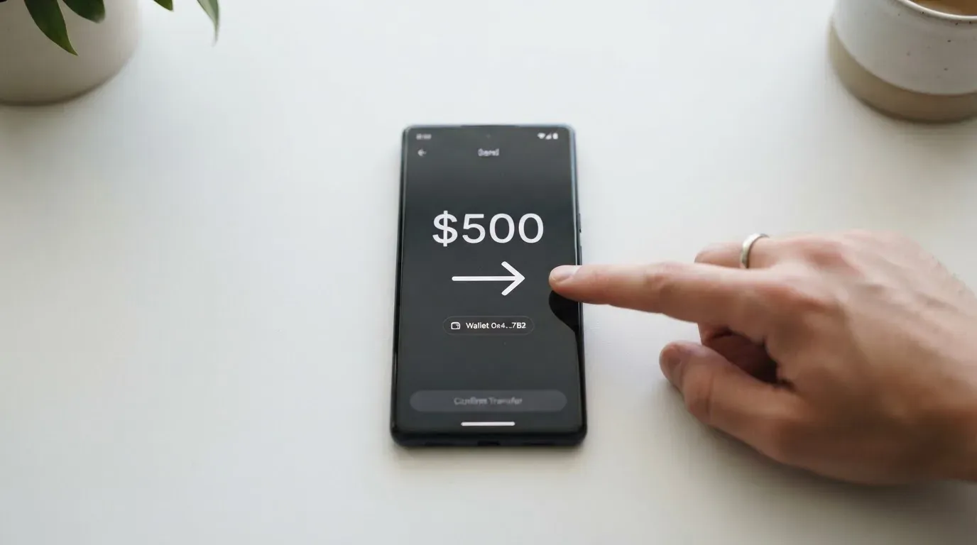 A phone showing a stablecoin transfer screen