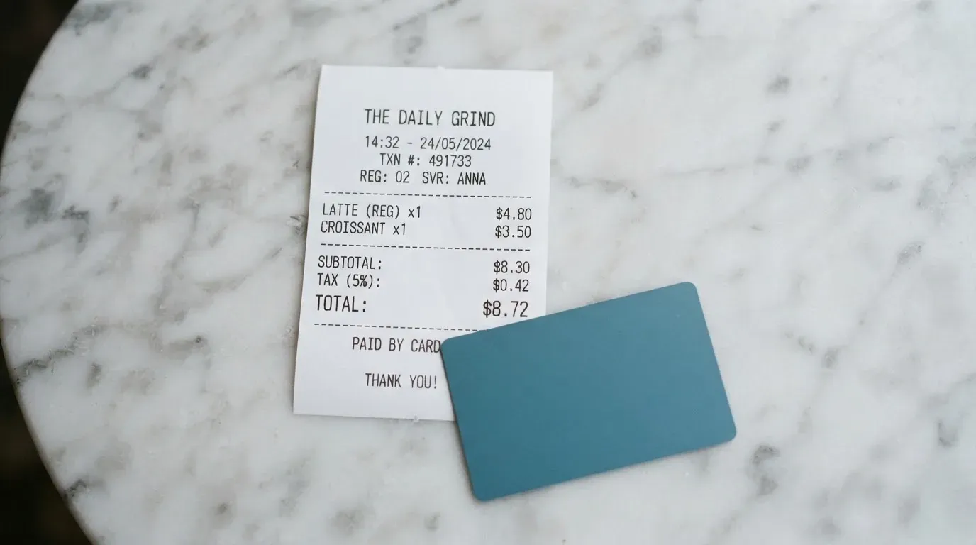 A receipt and a card on a café table