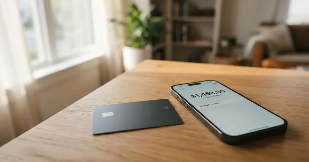 A payment card next to a phone with a crypto wallet app open