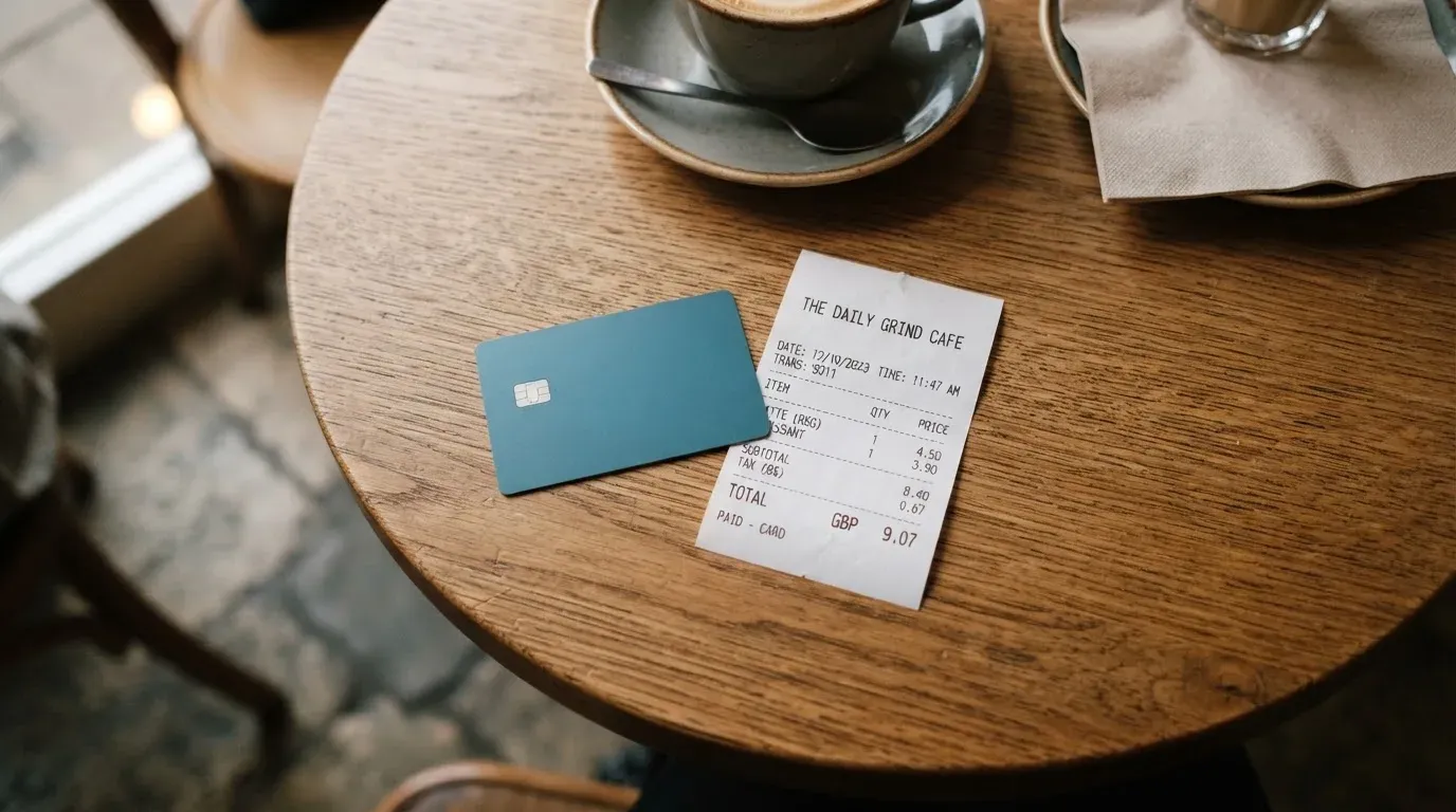 A receipt and a card on a café table