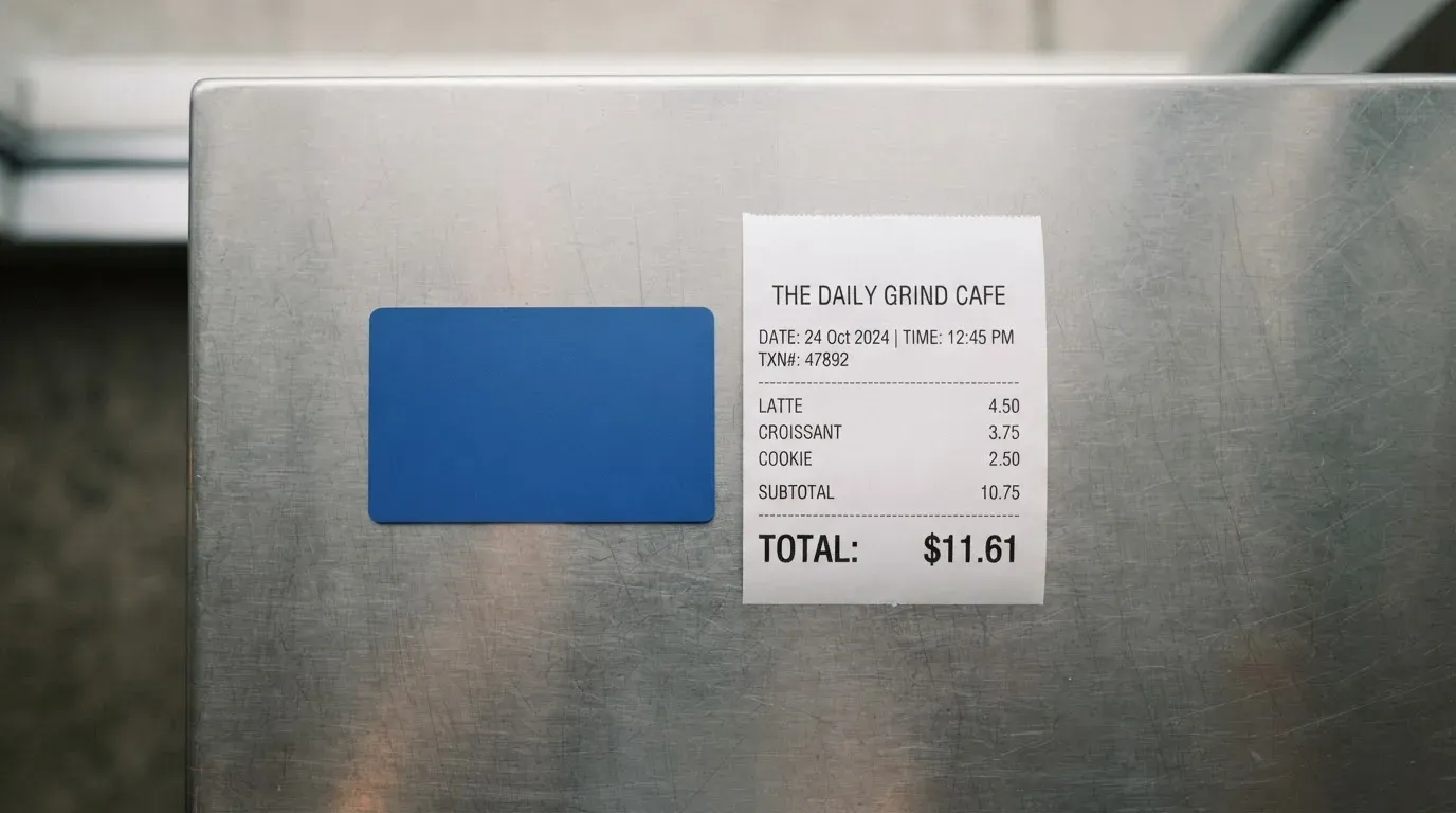 A receipt and a card on a café table