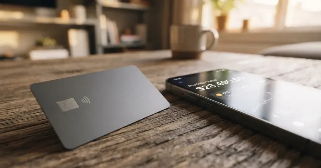 A payment card next to a phone with a crypto wallet app open