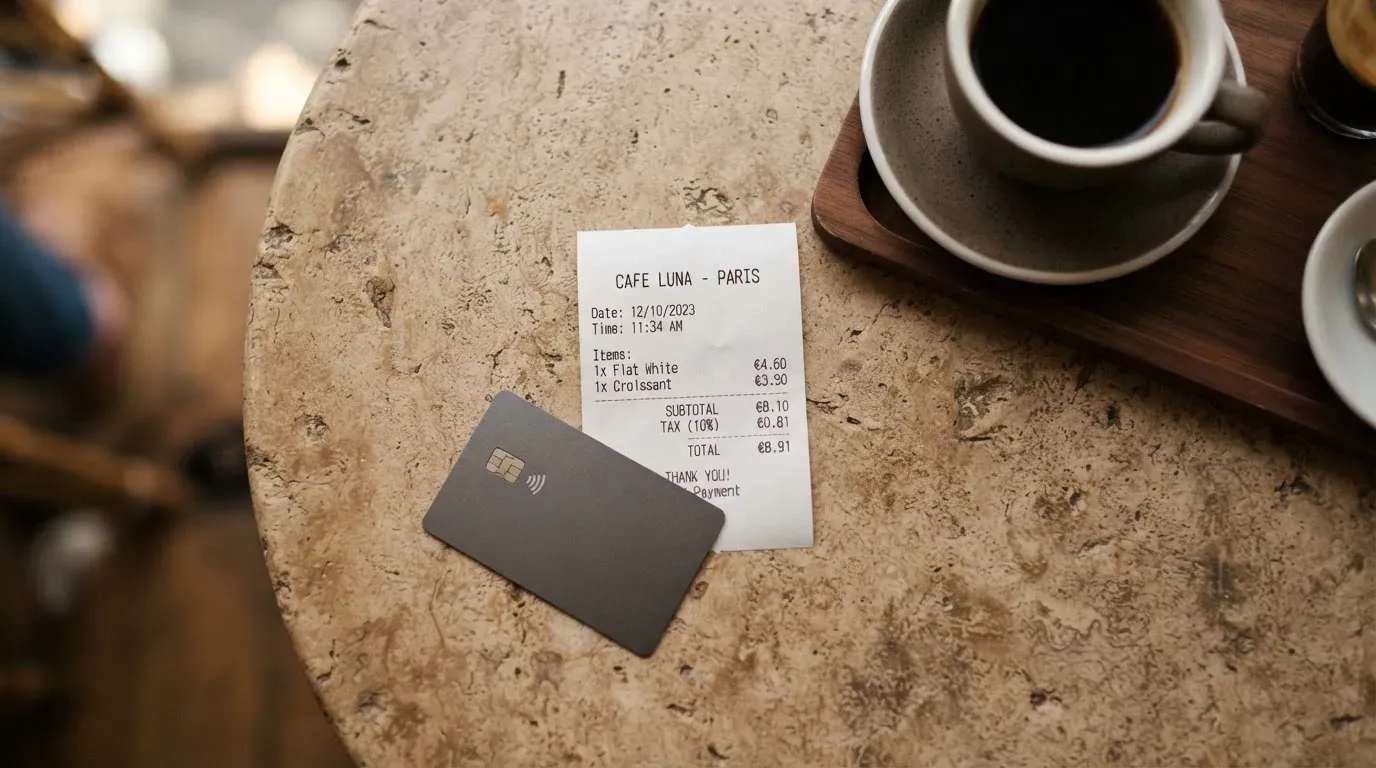 A receipt and a card on a café table