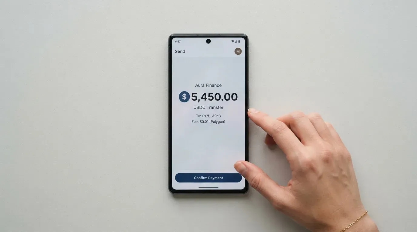 A phone showing a stablecoin transfer screen
