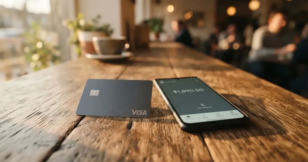 A payment card next to a phone with a crypto wallet app open