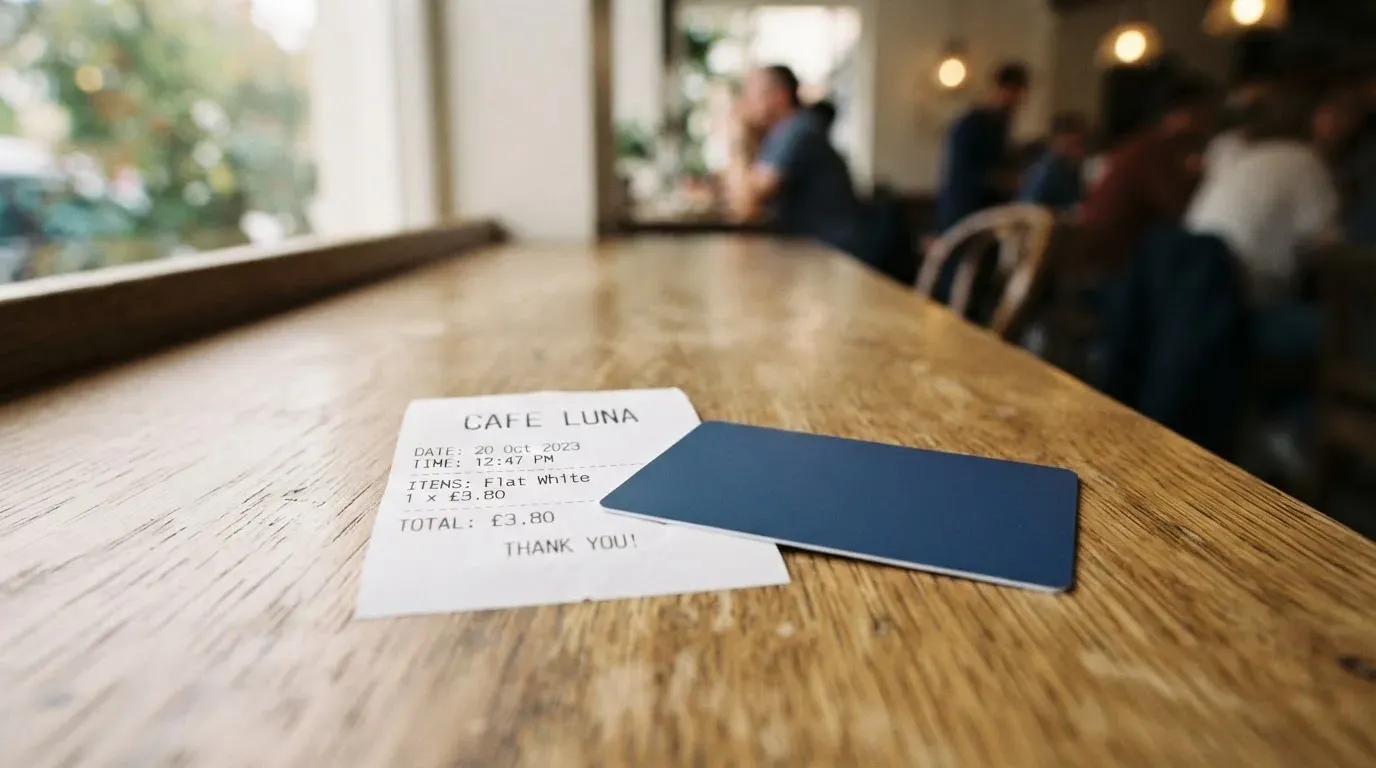 A receipt and a card on a café table