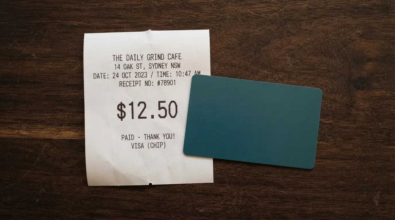 A receipt and a card on a café table