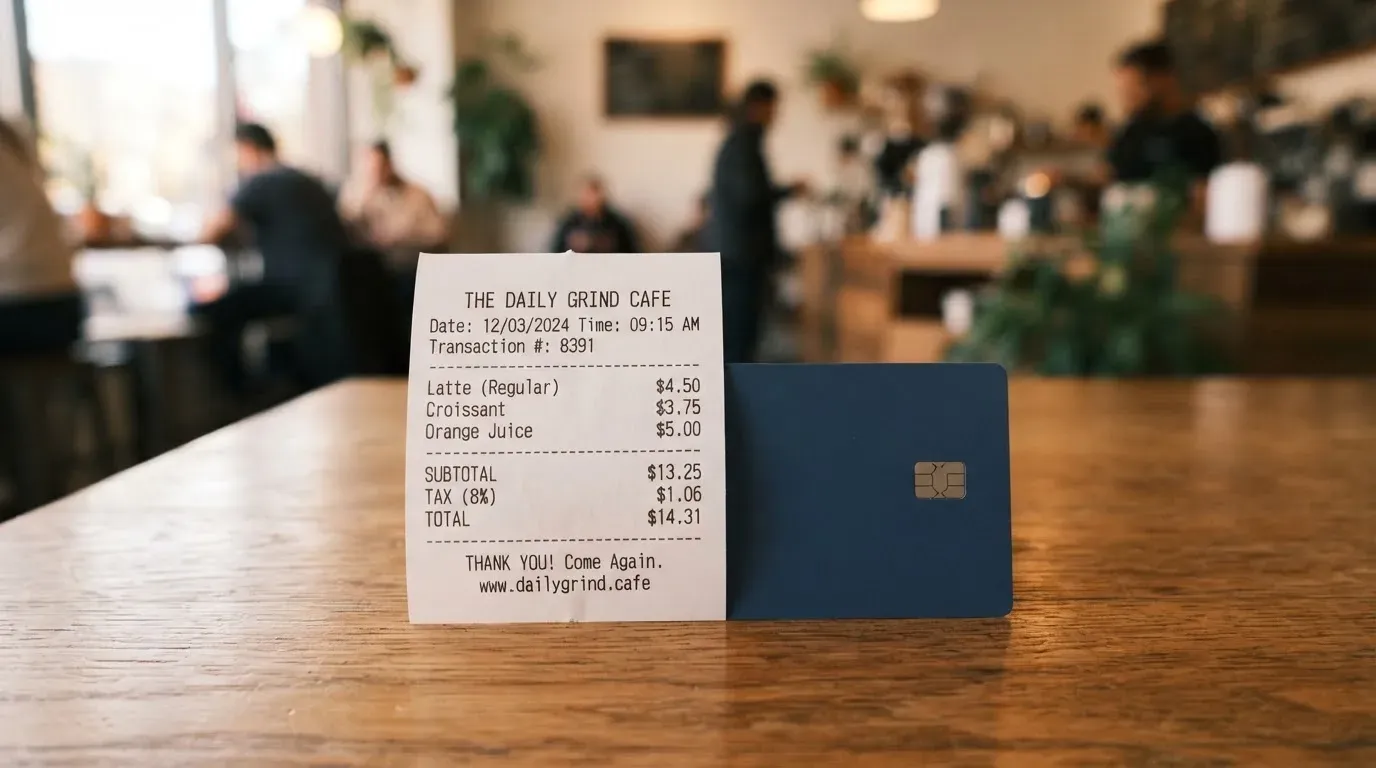 A receipt and a card on a café table