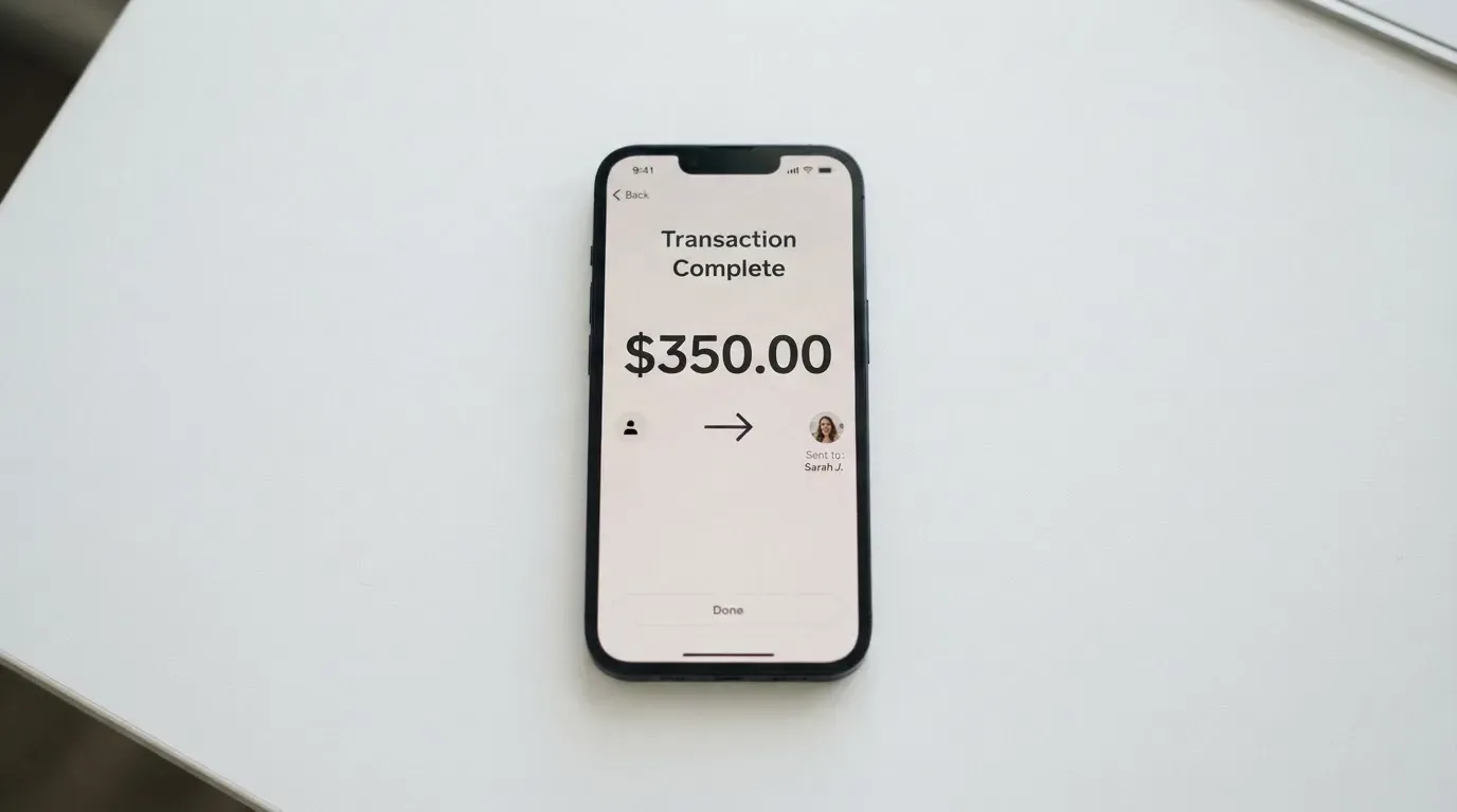 A phone showing a stablecoin transfer screen