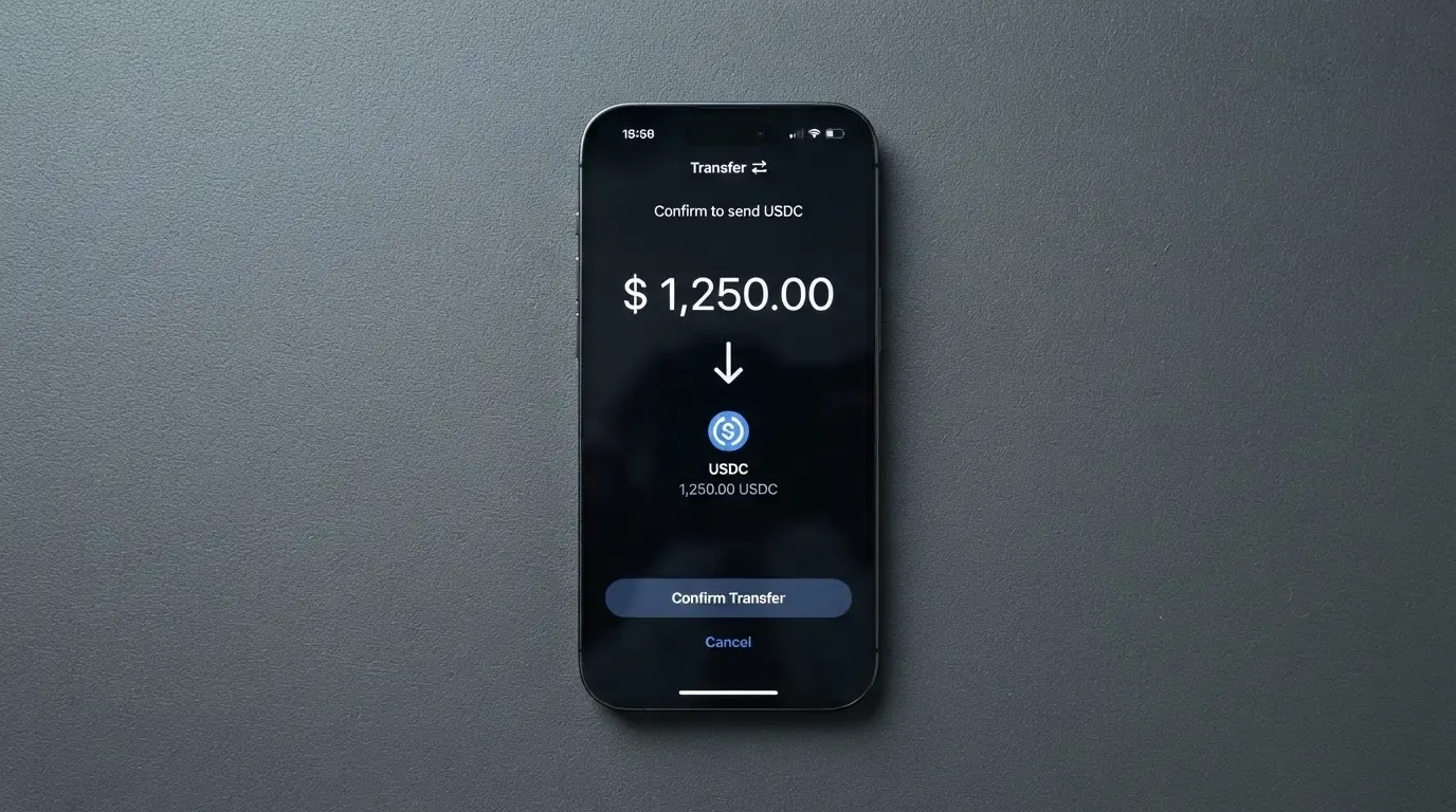 A phone showing a stablecoin transfer screen