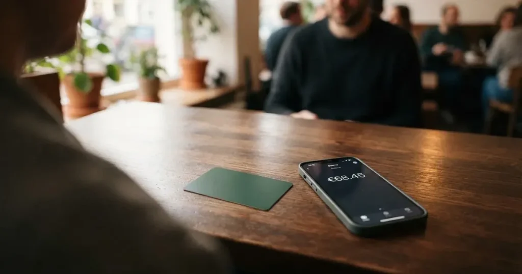 A payment card next to a phone with a crypto wallet app open