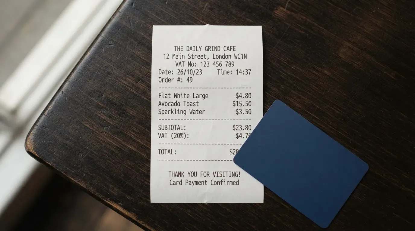 A receipt and a card on a café table