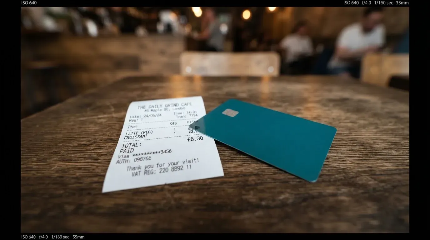 A receipt and a card on a café table