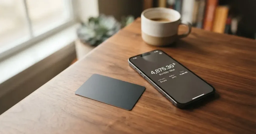 A payment card next to a phone with a crypto wallet app open