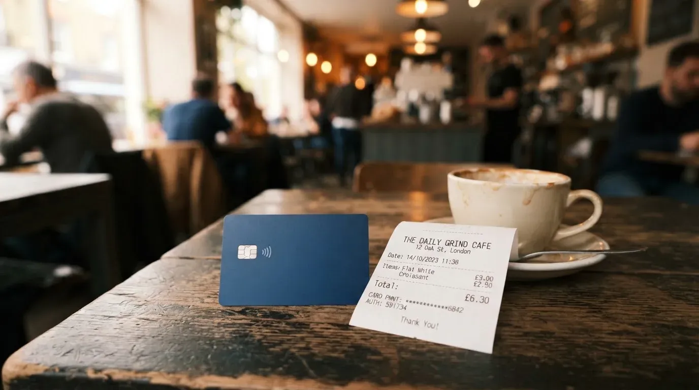 A receipt and a card on a café table