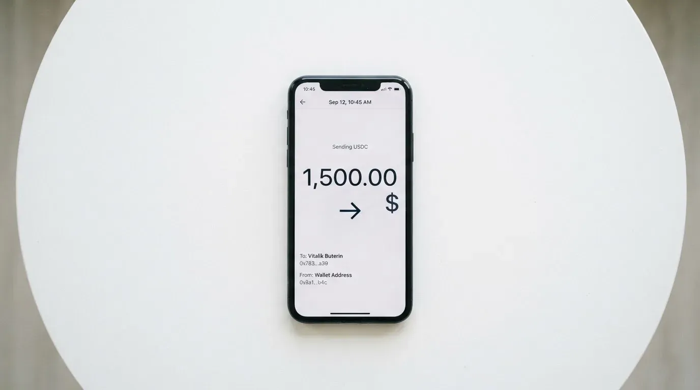 A phone showing a stablecoin transfer screen