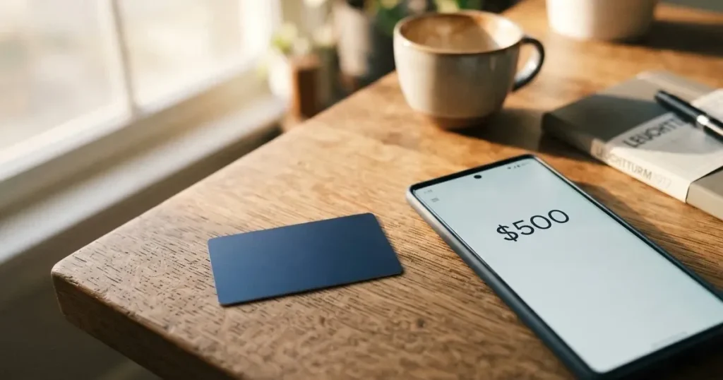 A payment card next to a phone with a crypto wallet app open
