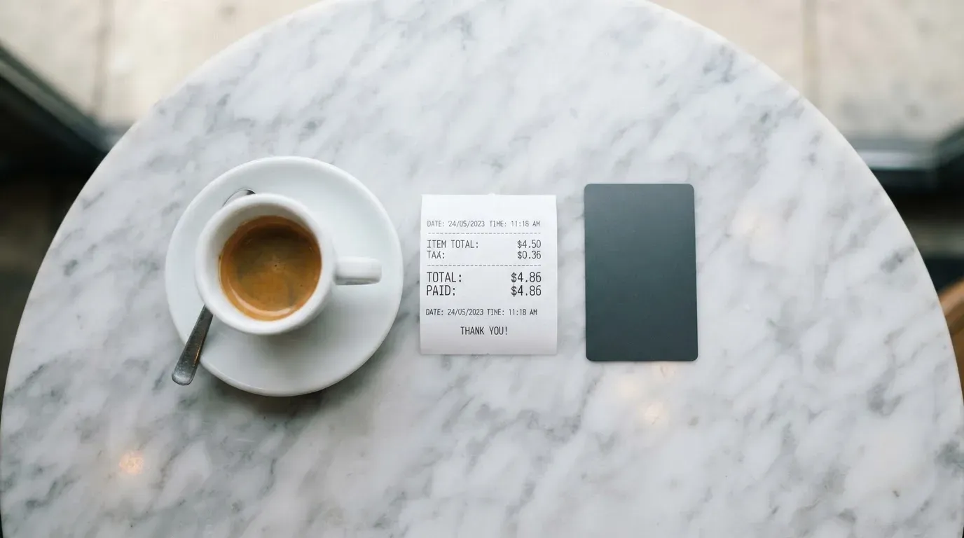 A receipt and a card on a café table