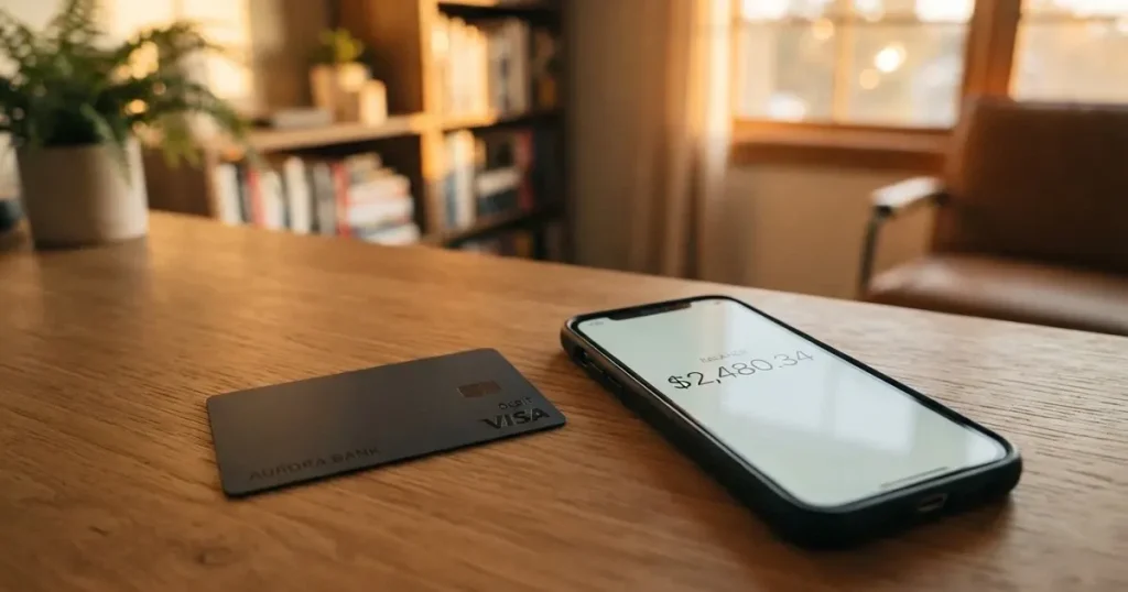 A payment card next to a phone with a crypto wallet app open