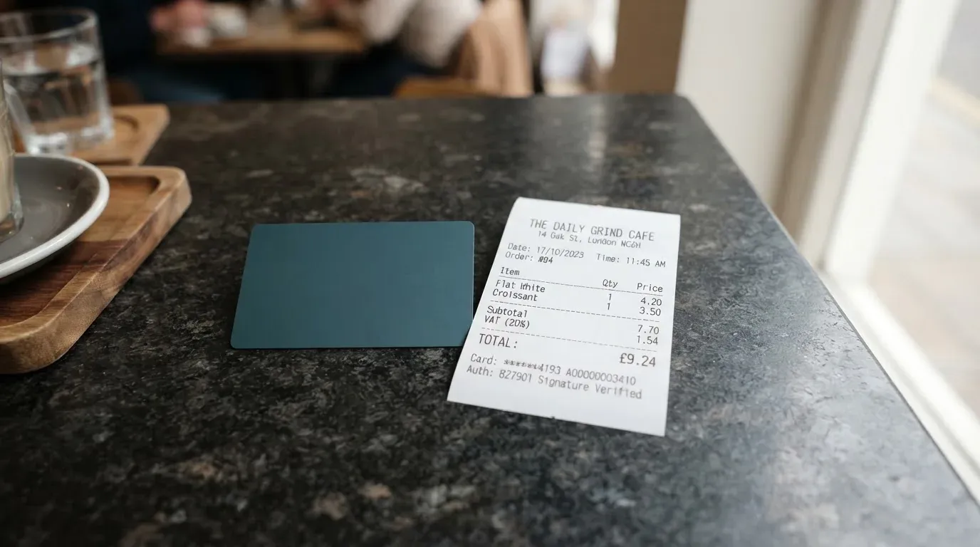 A receipt and a card on a café table