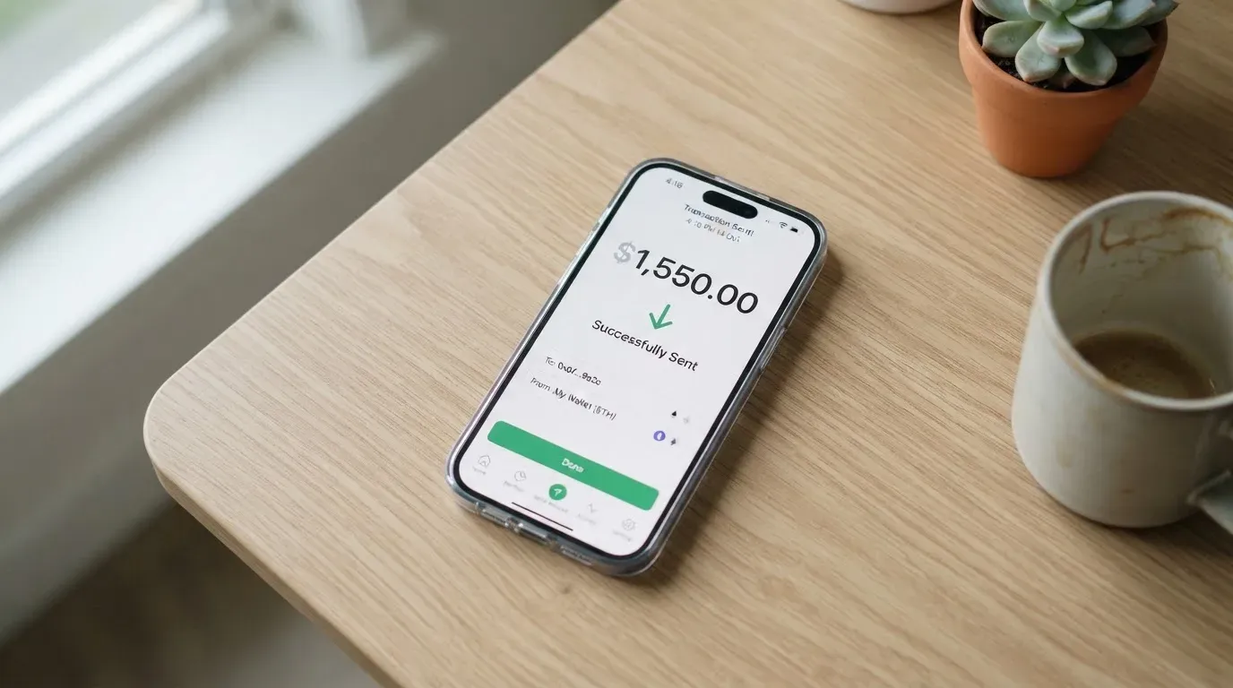 A phone showing a stablecoin transfer screen