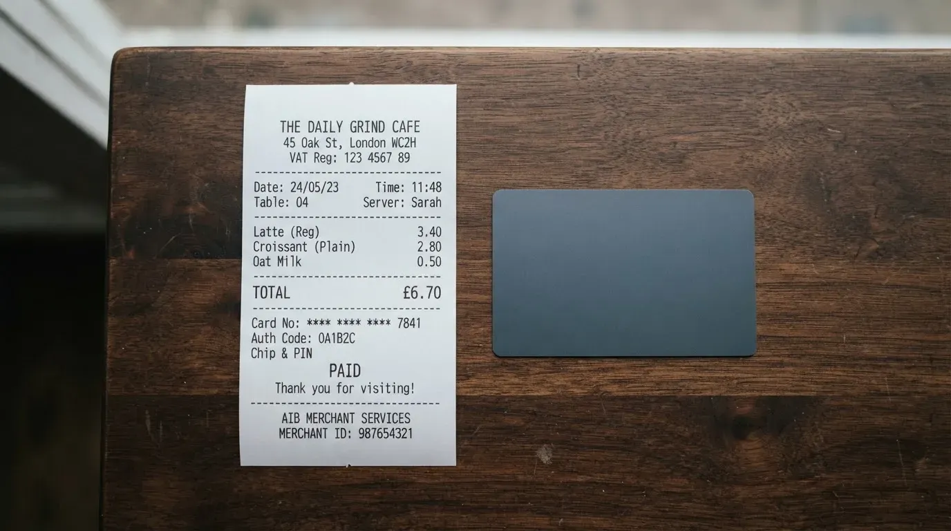 A receipt and a card on a café table