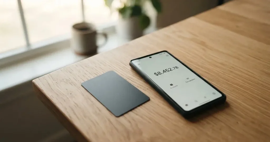 A payment card next to a phone with a crypto wallet app open