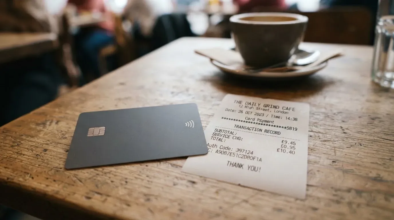 A receipt and a card on a café table