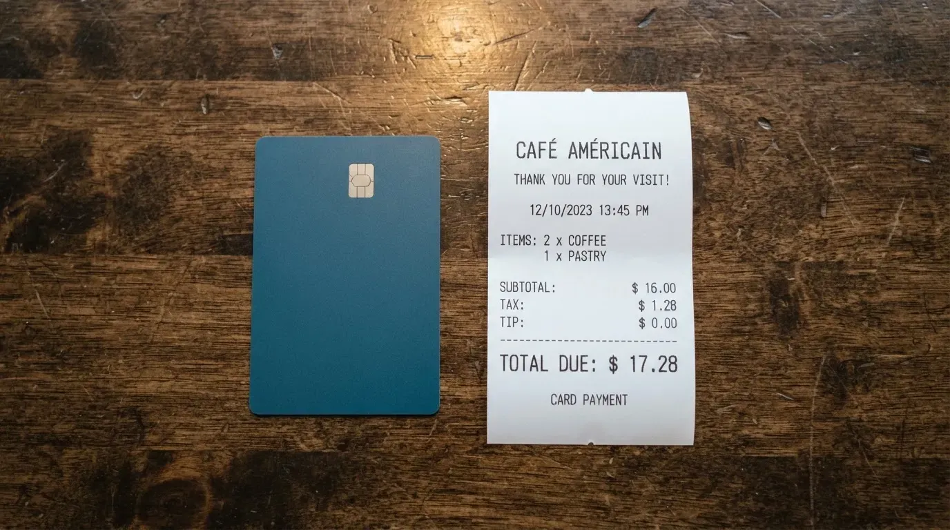 A receipt and a card on a café table