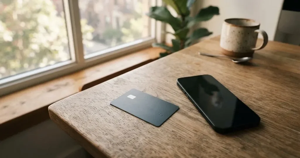 A payment card next to a phone with a crypto wallet app open