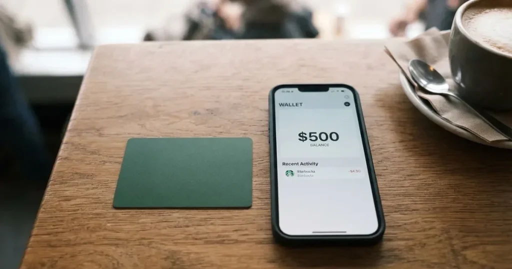 A payment card next to a phone with a crypto wallet app open