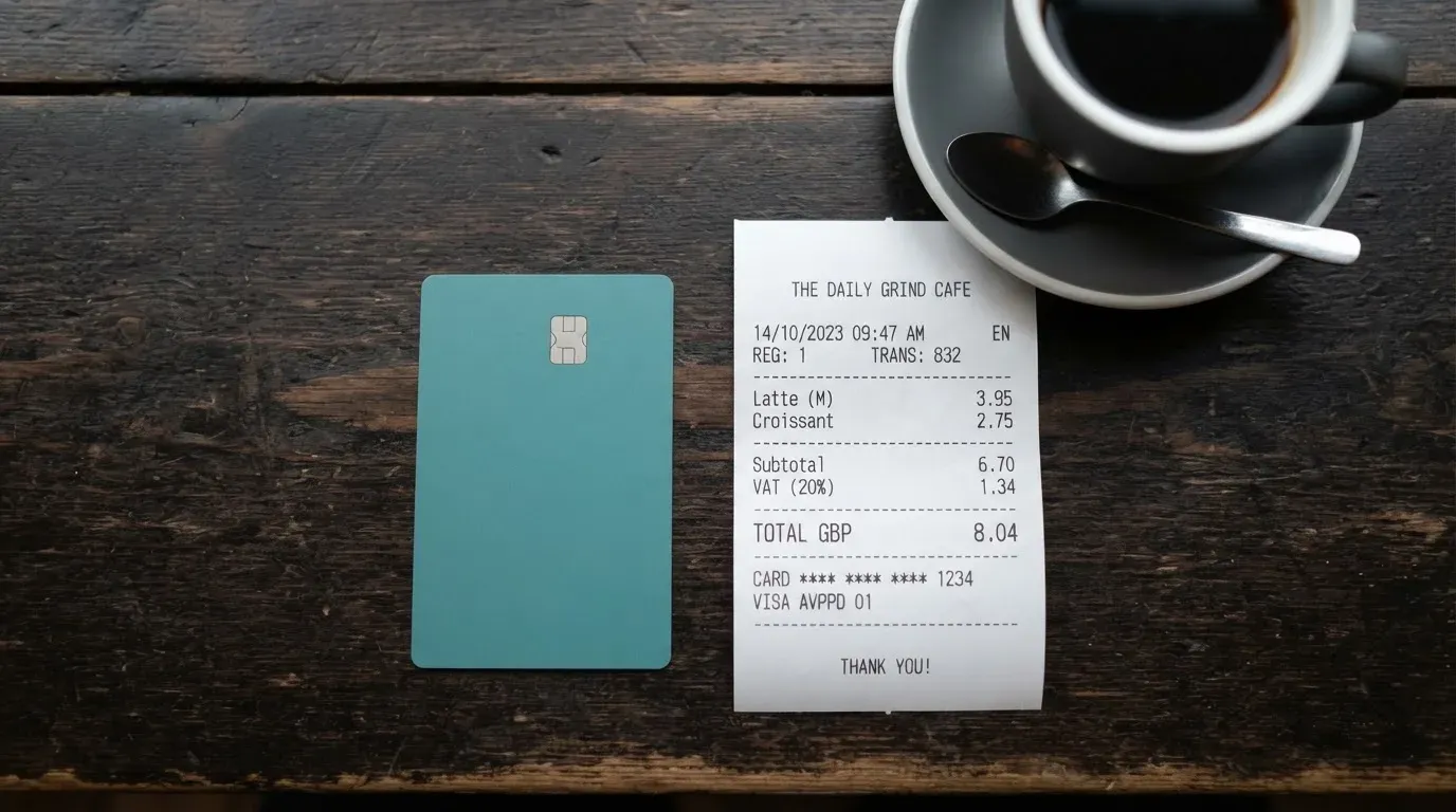 A receipt and a card on a café table