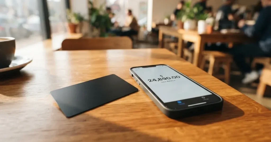 A payment card next to a phone with a crypto wallet app open