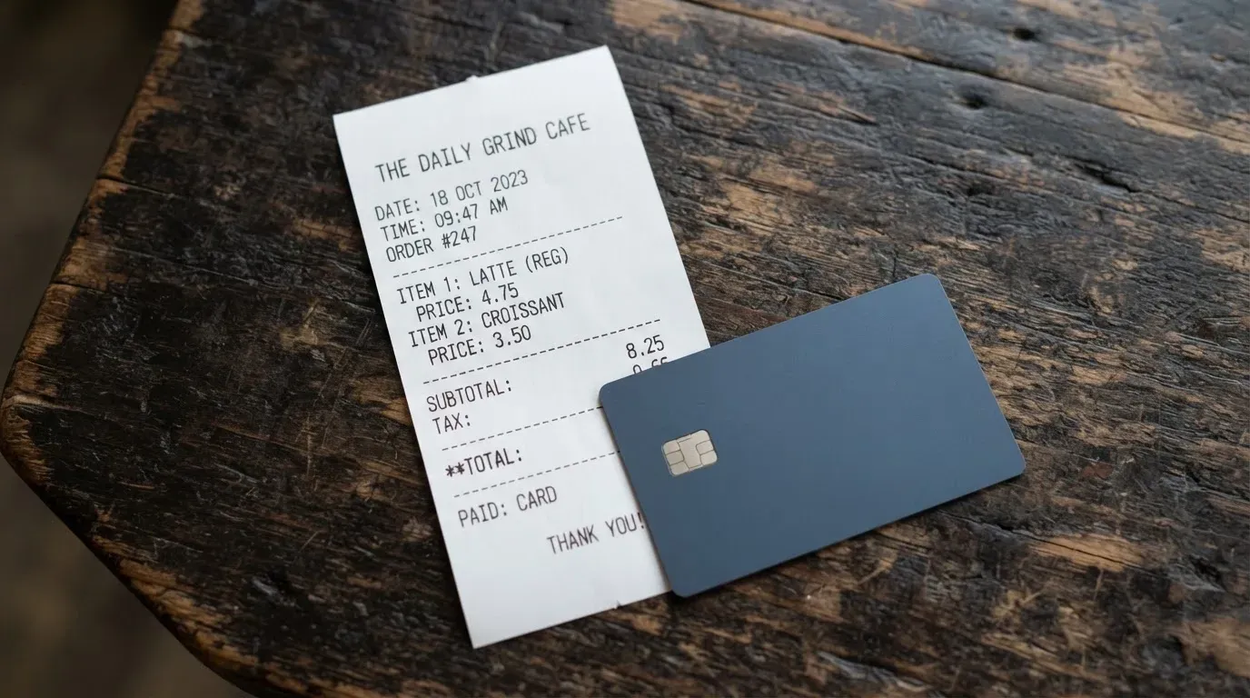 A receipt and a card on a café table