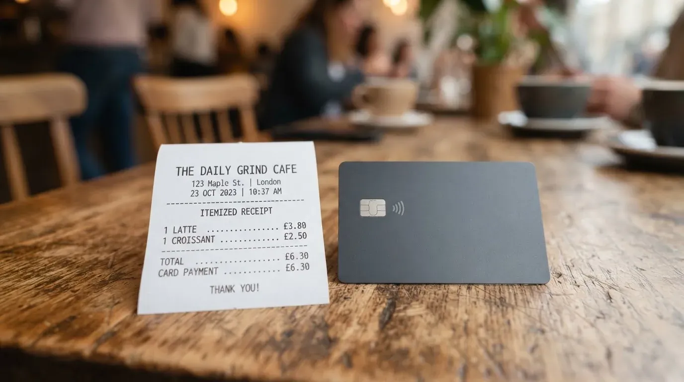 A receipt and a card on a café table