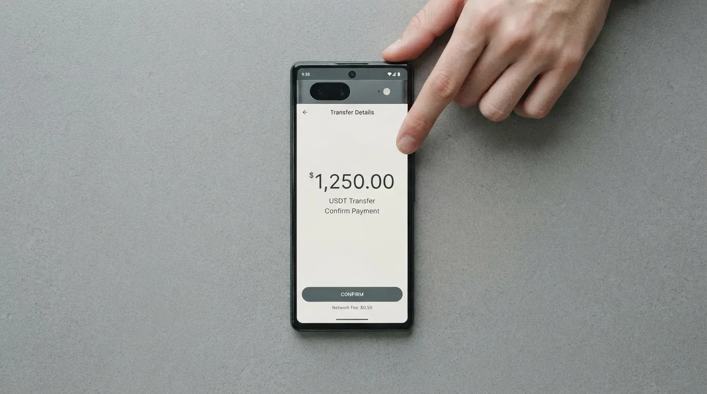 A phone showing a stablecoin transfer screen