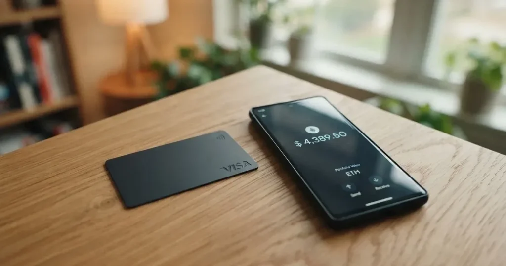 A payment card next to a phone with a crypto wallet app open