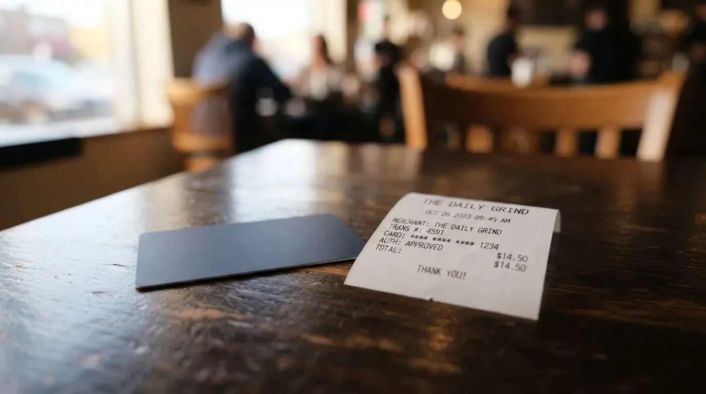 A receipt and a card on a café table